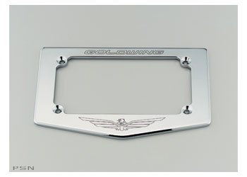 Chrome license plate frame with gold wing logo