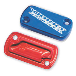 Works connection anodized billet front brake reservoir covers